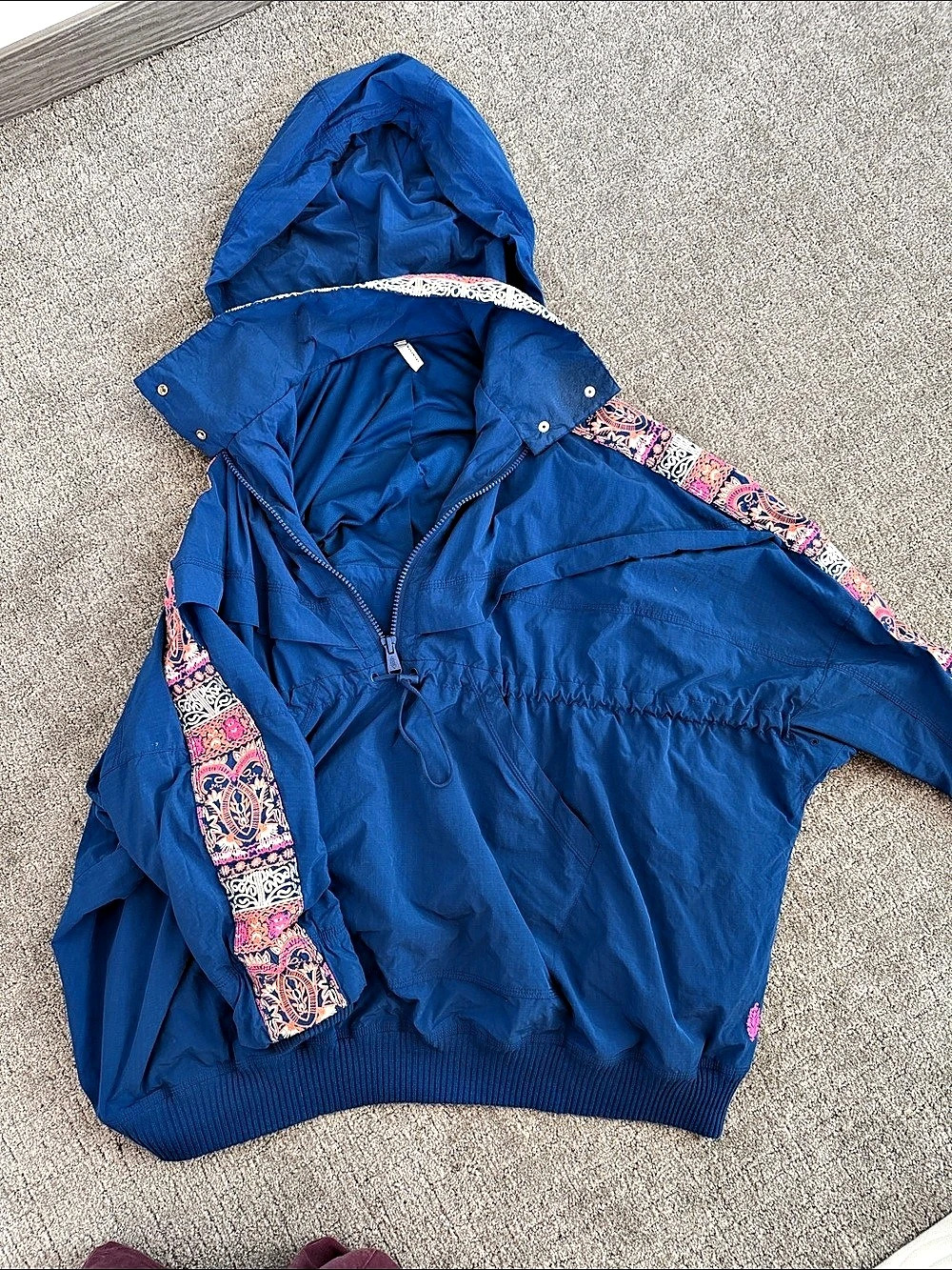 Free People Blue Paisley Trim Hooded Jacket Like New